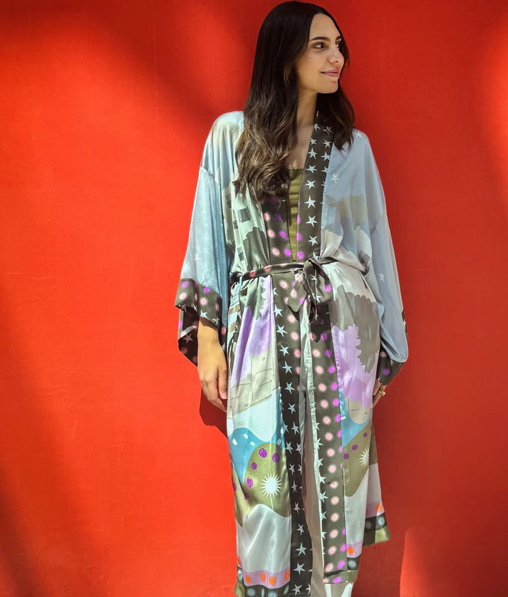 Blue Palm Valley Satin Kimono