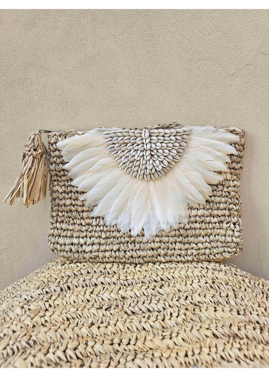 Feather Pouch, Raffia with shells