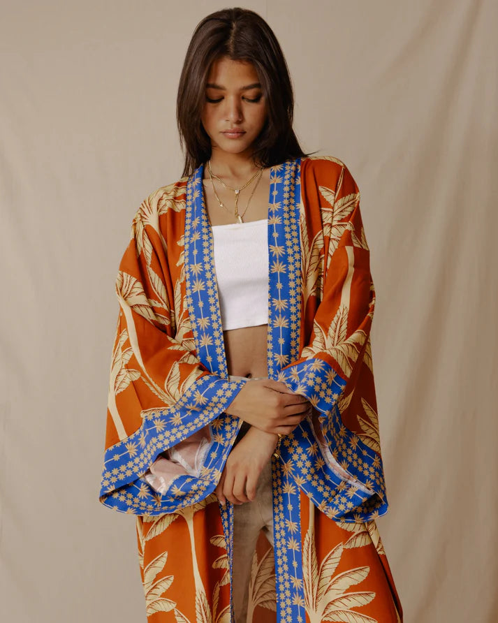 Palms Cotton Kimono Orange X Blue