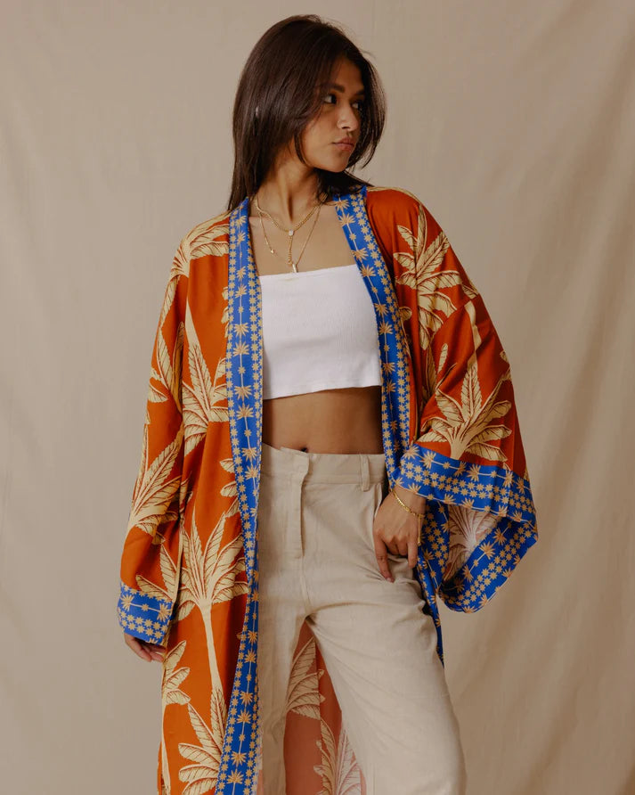 Palms Cotton Kimono Orange X Blue