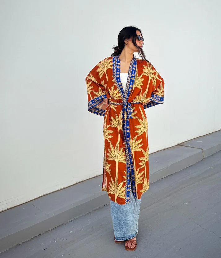 Palms Cotton Kimono Orange X Blue