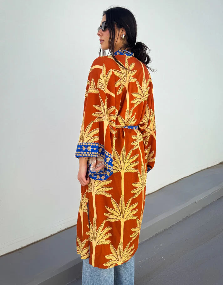 Palms Cotton Kimono Orange X Blue