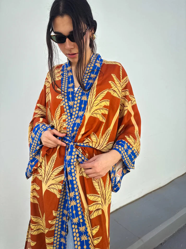 Palms Cotton Kimono Orange X Blue