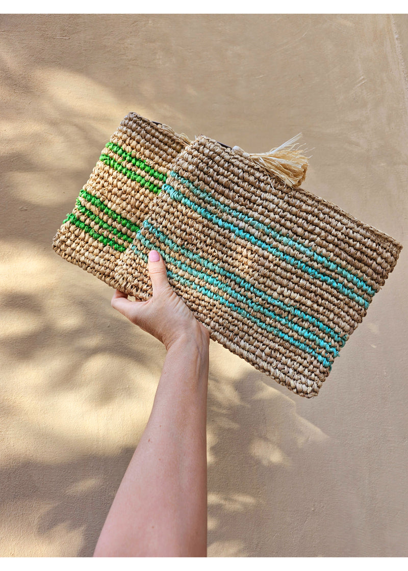 Meri raffia Pouch, stripes